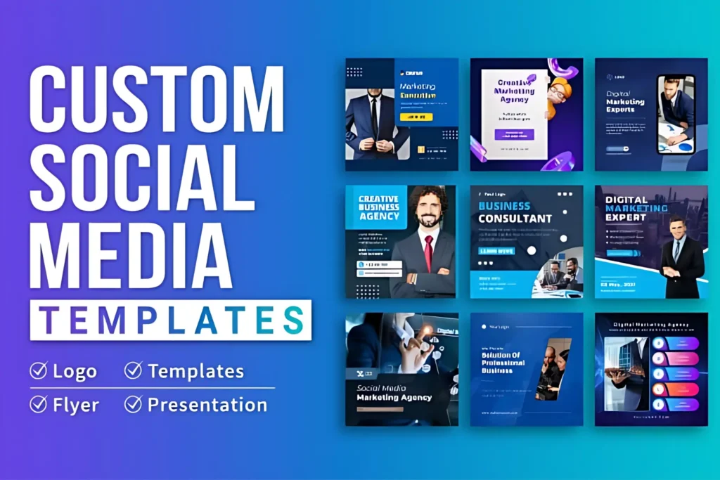 High-quality social media templates showcasing graphic design services to elevate your business's online presence. Professional social media templates designed for business use, enhancing visual appeal and marketing effectiveness.